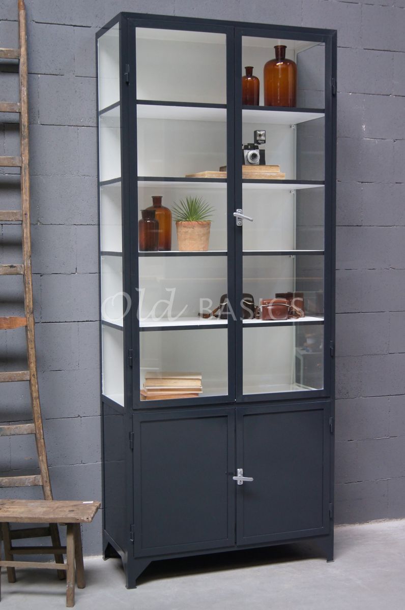 Apothekerskast Demi, 2 deuren, RAL7021, zwart, grijs, materiaal staal