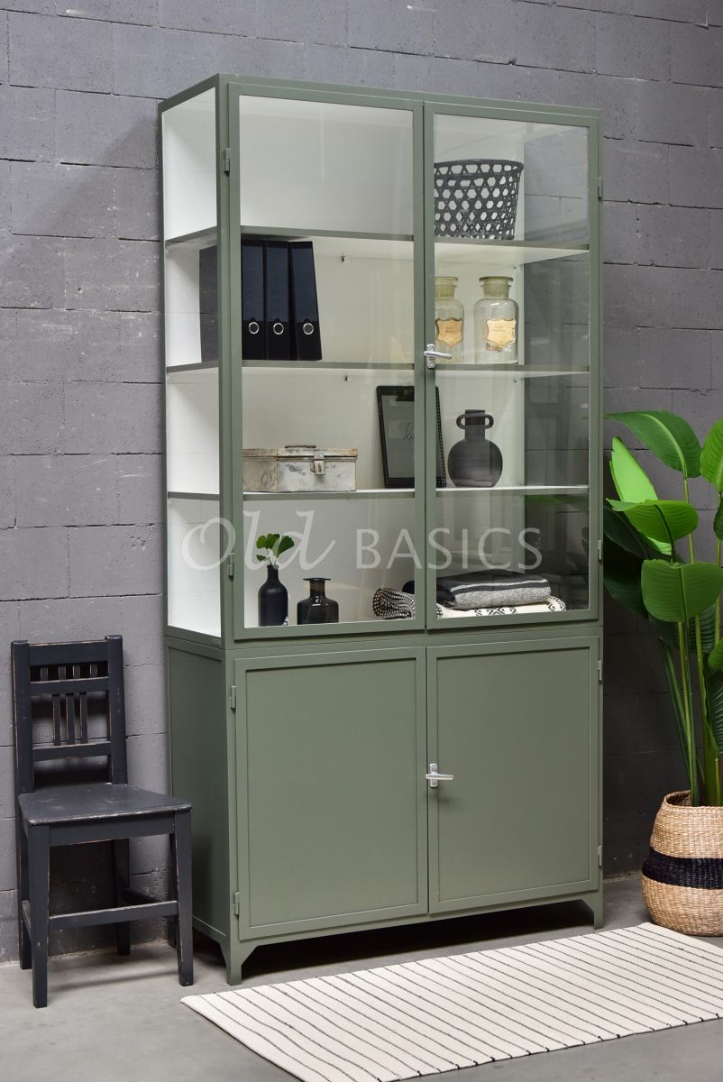 Apothekerskast Demi, 2 deuren, RAL7009, groen, grijs, materiaal staal