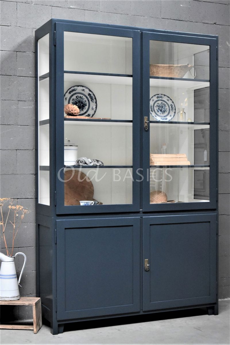 Vitrinekast Jeanette, 2 deuren, RAL5008, blauw, materiaal hout