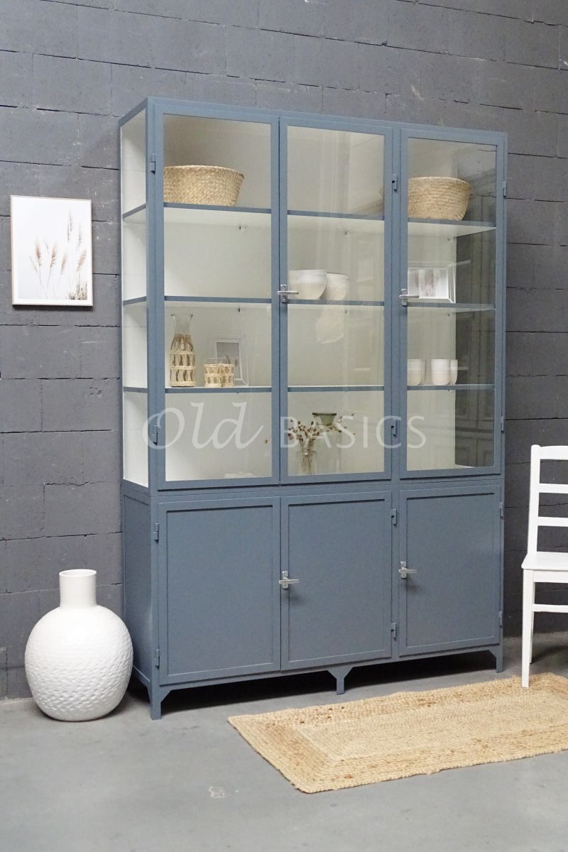 Apothekerskast Demi, 3 deuren, RAL7031, blauw, grijs, materiaal staal