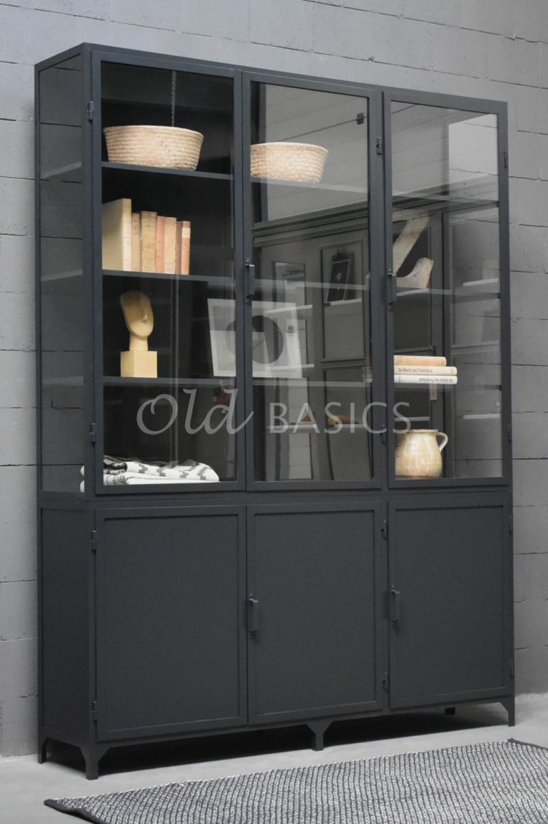 Apothekerskast demi, 3 deuren, RAL7021, zwart, grijs, materiaal staal