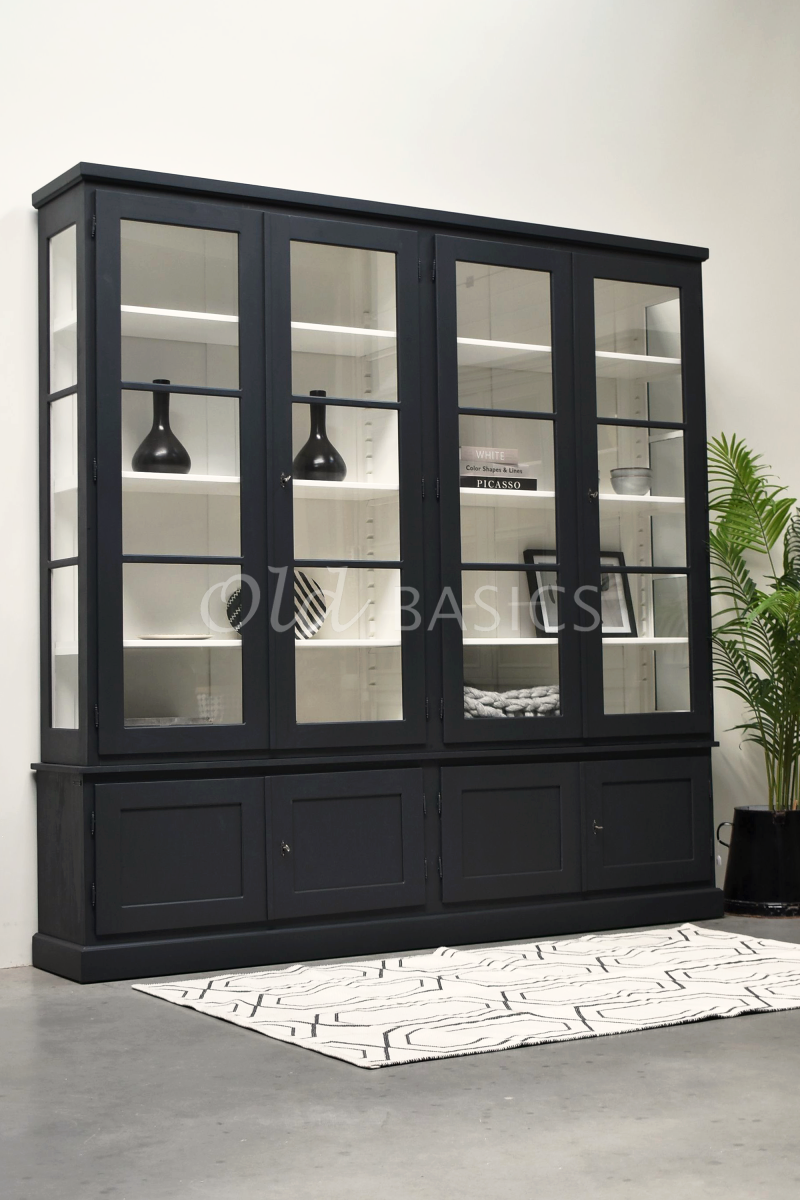 Detail van Vitrinekast Monaco, 4 deuren, RAL7021, zwart, grijs, materiaal hout