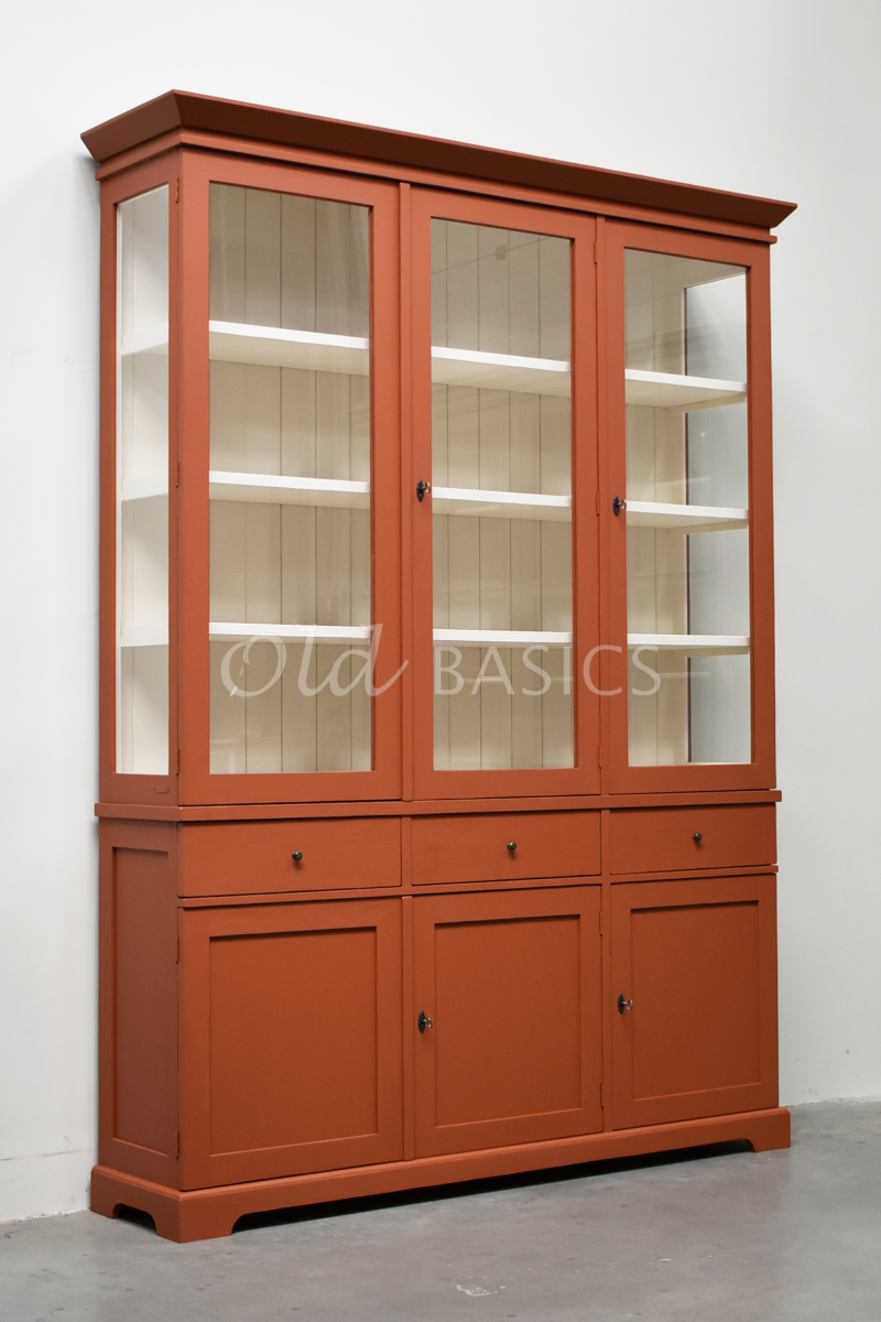 Vitrinekast Grenoble, 3 deuren, RAL8004, rood, bruin, oranje, materiaal hout