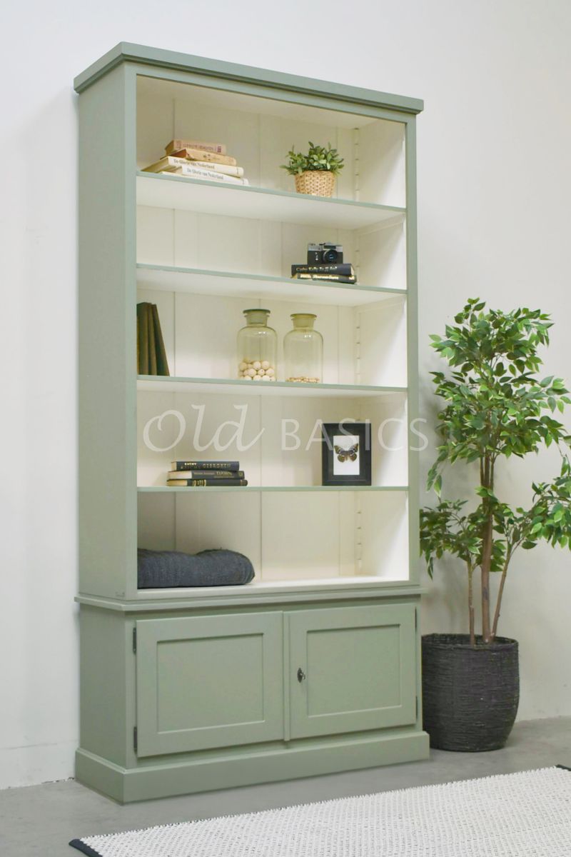 Detail van Boekenkast Monaco, RAL7033, groen, grijs, materiaal hout