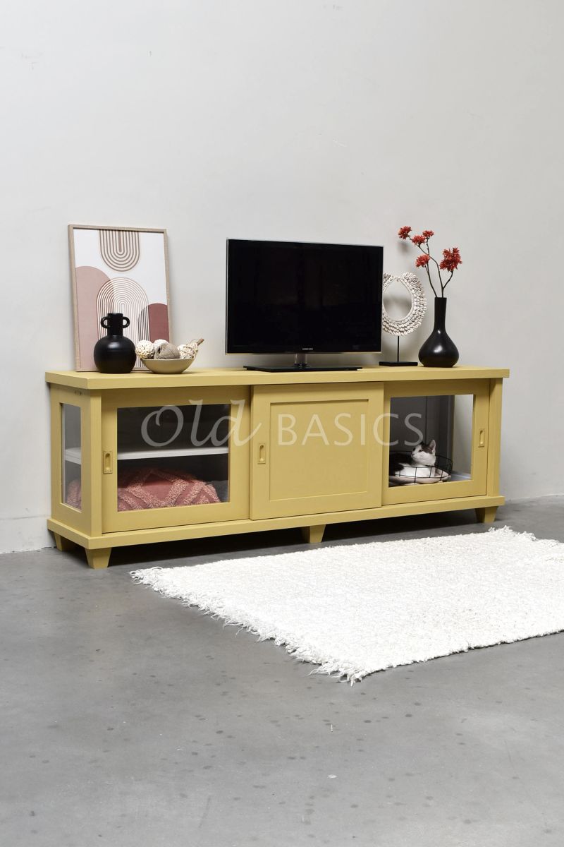 Detail van Dressoir Bordeaux Novi, 3 deuren, RAL1002, geel, materiaal hout