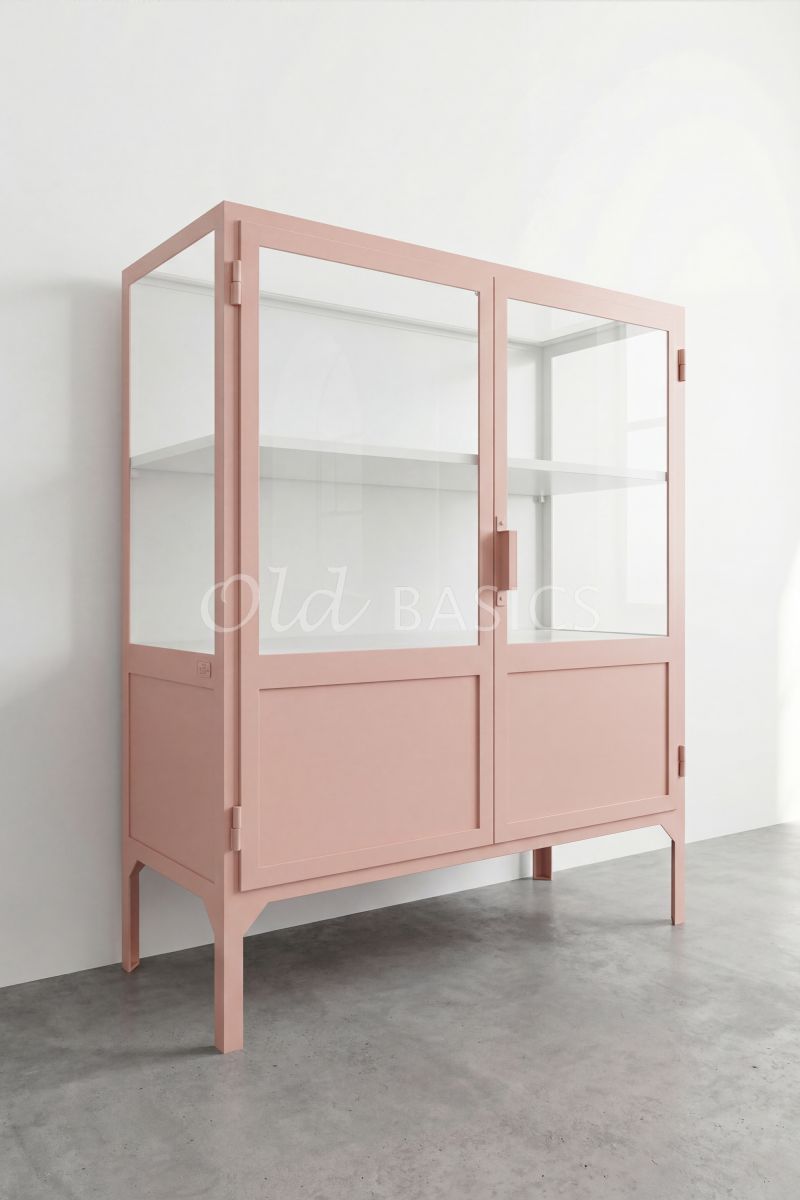 Apothekerskast Vitrine Powder Peach, 2 deuren, roze, materiaal staal